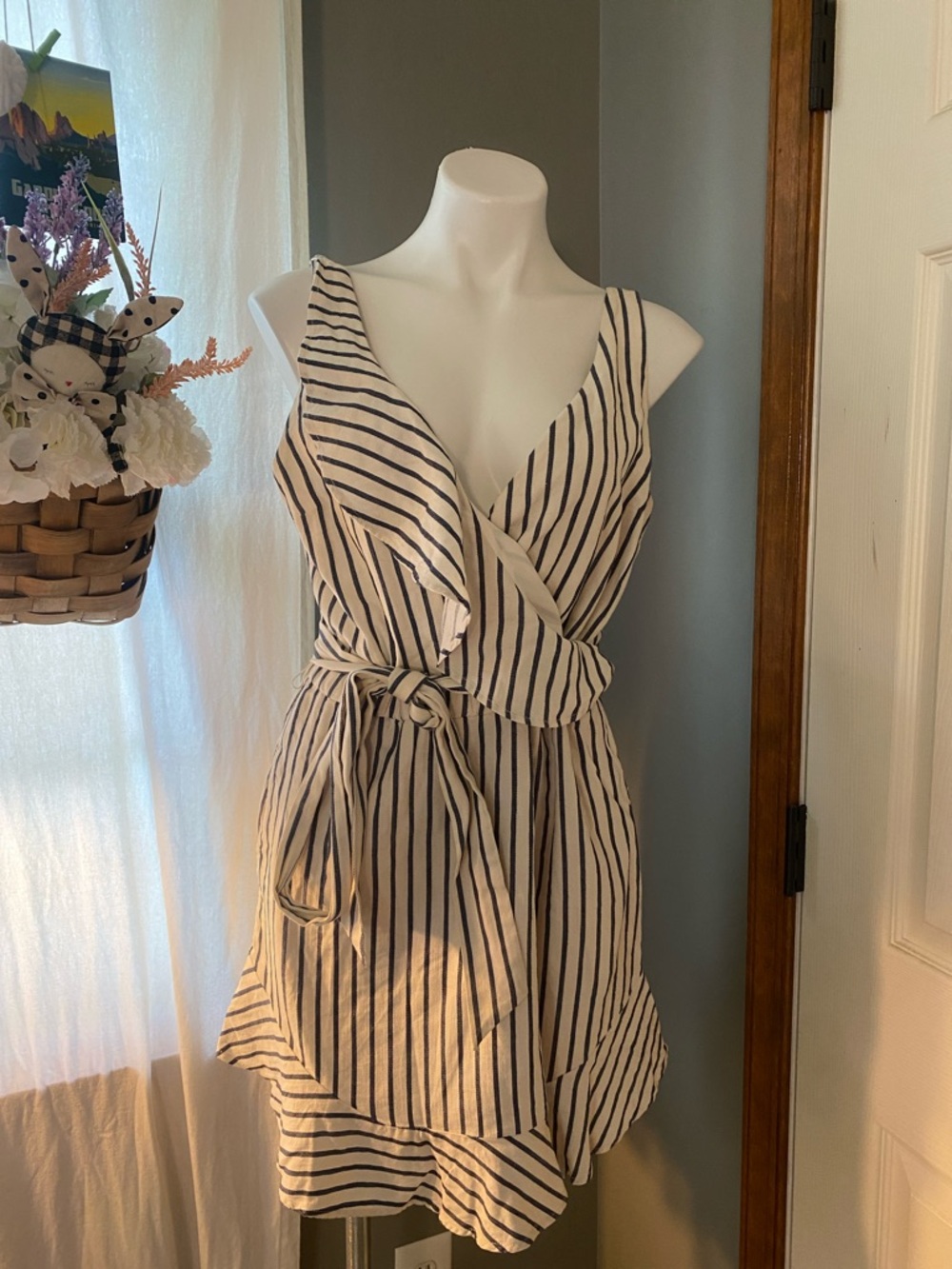 Guess Striped Wrap Mini Dress in Cream and Black